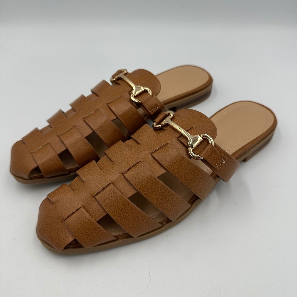 Fisherman Woven Mule Camel Wmn 7 Horsebit Gold Buckle Flat‎ Slides Preppy